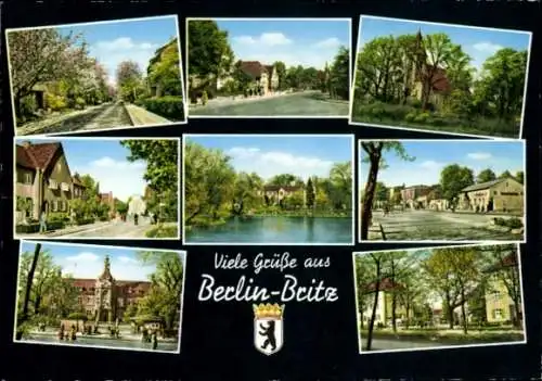 Ak Berlin Neukölln Britz, Teilansichten, Kirche, Straßenpartie, Wappen