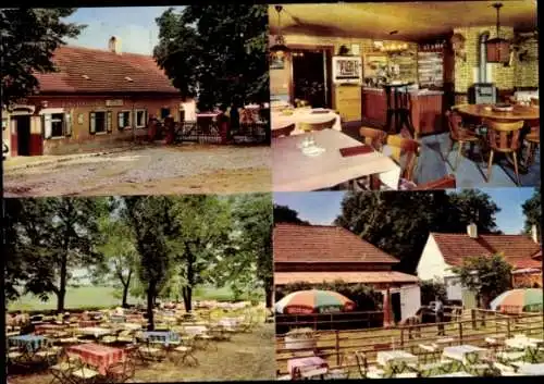 Ak Berlin Reinickendorf Lübars, Dorfkrug Zum lustigen Finken, Außen- u. Innenansicht, Gartentische