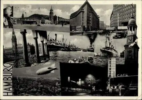Ak Hamburg, Fotomontage, Rathaus, Hafen, Dampfschiff, Zeppelin, St. Pauli, Chilehaus