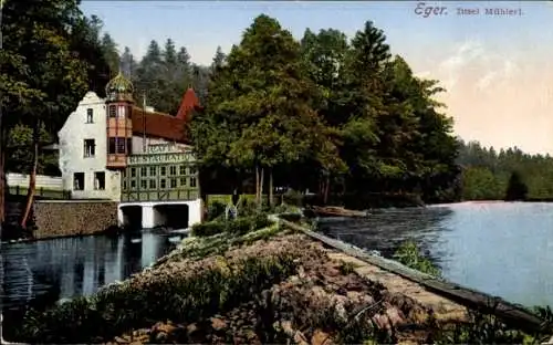 Ak Cheb Eger Reg. Karlsbad, Insel Mühlerl, Cafe Restauration