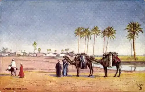 Künstler Ak Ägypten, A rest by the way, Kamele, Palmen