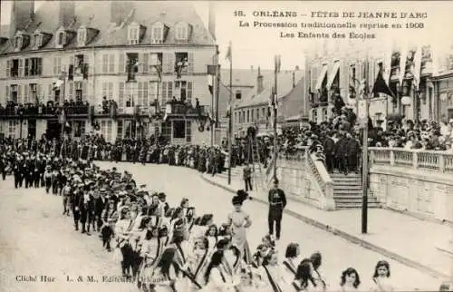 Ak Orléans Loiret, Fete Jeanne d'Arc, Kinderprozession, 1908, Tradition, Stadtansicht