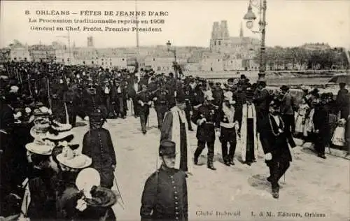 Ak Orléans Loiret, Prozession zu Jeanne d'Arc, 1908, Festlichkeiten, Menschenmenge, Stadtansicht,