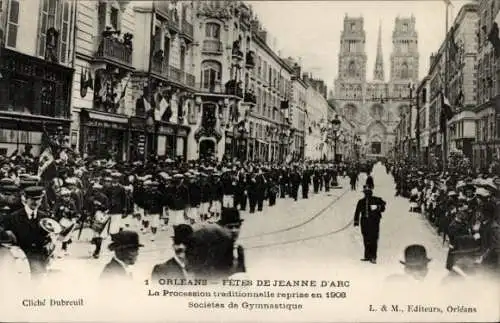 Ak Orléans Loiret, Fetes de Jeanne d'Arc, Procession traditionelle 1908, Societes de Gymnastique