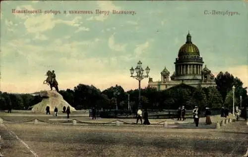 Ak Sankt Petersburg Russland, Isaakskathedrale, Denkmal Peter der Große, Stadtansicht, klare Himm