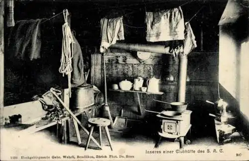 Ak Inneres einer Clubhütte des S. A. C., Küche, Kochstelle