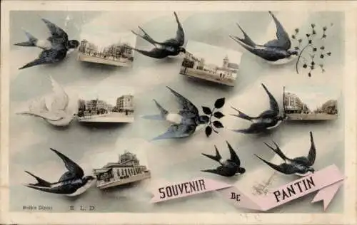 Ak Pantin Seine Saint Denis, Vögel, Stadtansichten, 'Souvenir de Pantin'