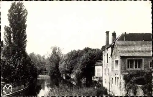 Ak Noyers sur Serein Yonne, Flussufer, Bäume, alte Gebäude, Landschaft, Schwarz-Weiß-Foto