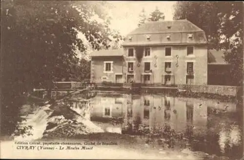 Ak Civray Vienne, Moulin Minot, ruhiger Teich, Gebäude mit Wasserlauf, Bäume