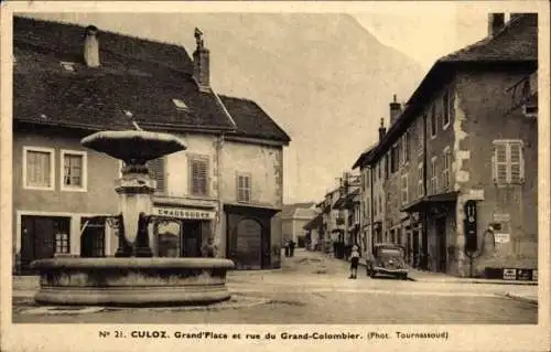 Ak Culoz Ain, Fontäne, Grand'Place, Straße Rue du Grand-Colombier,  Gebäude, Auto