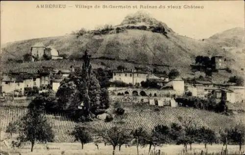 Ak Amberieu en Bugey Ain, Ansicht des Dorfes St-Germain, Ruinen des alten Schlosses, hügelige Lan