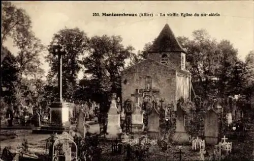 Ak Montcombroux Allier, Kirche aus dem 12. Jahrhundert, Friedhof