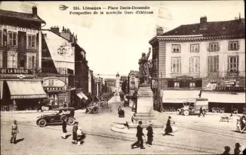 Ak Limoges Haute Vienne, Statue, Platz Denis-Dussoubs, neue Gare d'Orléans, Gebäude, Auto