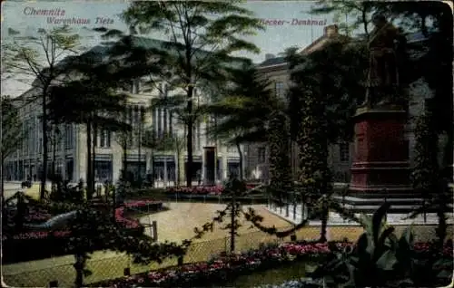 Ak Chemnitz in Sachsen, Warenhaus Tiets, Becker-Denkmal, Parkansicht, Blumenbeete