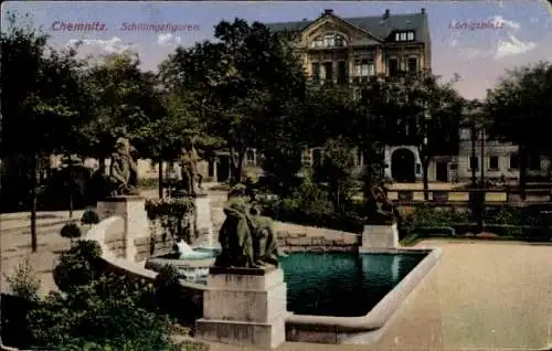 Ak Chemnitz in Sachsen,  Schillingsfiguren, Königsplatz, Brunnen, Statuen