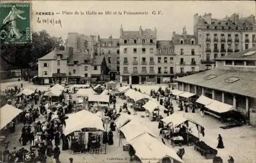 Ak Rennes Ille et Vilaine, Marktplatz, Stände, Menschen, Gebäude, Atmosphäre