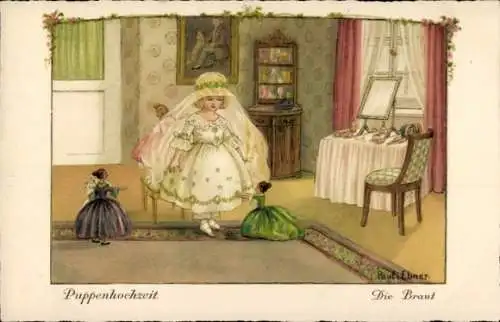 Künstler Ak Ebner, Pauli, Puppenhochzeit, Mädchen in Brautkleid