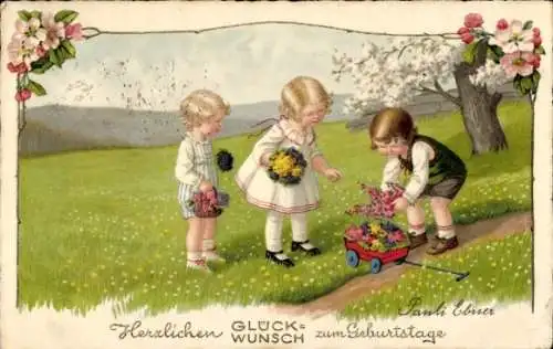 Künstler Ak Ebner, Pauli, Glückwunsch Geburtstag, Kinder, Blumen