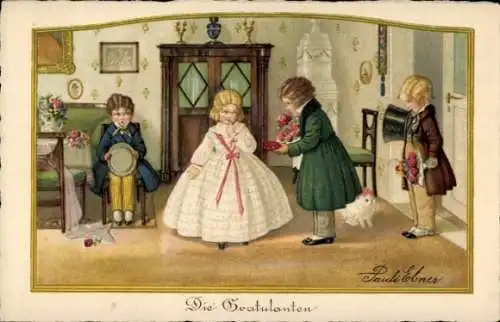 Künstler Ak Ebner, Pauli, Visites de Felicitations, Männer mit Blumen, Frau