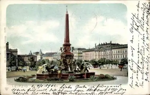 Ak Leipzig, Brunnen mit Obelisk, s Gebäude, grüne Umgebung