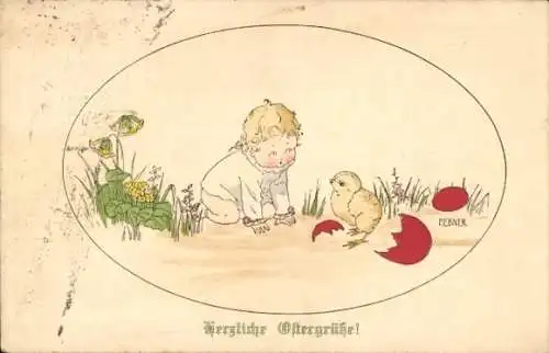 Künstler Ak Ebner, Pauli, Frohe Ostern, Kind betrachtet ein geschlüpftes Küken