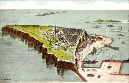 Ak Nordseeinsel Helgoland, Vogelperspektive auf  Hafenansicht, Schiffe, Küste