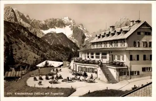 Ak Garmisch Partenkirchen in Oberbayern, Kreuzeckhaus, Zugspitze