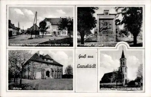 Ak Lunstädt Braunsbedra im Saalekreis, Fleischerei Franz Schöne, Denkmal Roßbach, Schule, Kirche