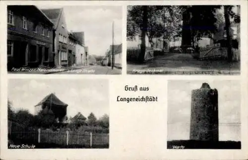 Ak Langeneichstädt Mücheln im Geiseltal, Verschiedene Gebäude, Kriegerdenkmal, Gruß aus Langeneic