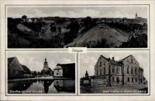 Ak Steigra im Saalekreis, Totale, Teich, Kirche, Gasthof zum Ritter Sankt Georg