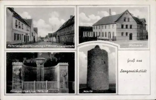 Ak Langeneichstädt Mücheln im Geiseltal, Kriegerdenkmal 1914/18, Molkerei, Geschäft