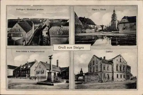 Ak Steigra im Saalekreis, Teilansicht, Gasthof, Schule, Kriegerdenkmal, Pfarre, Kirche