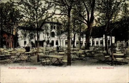 Ak Halle an der Saale, Solbad Wittekind, Gartenanlage, Tische und Bäume,  Stimmung, Halle-Giebich