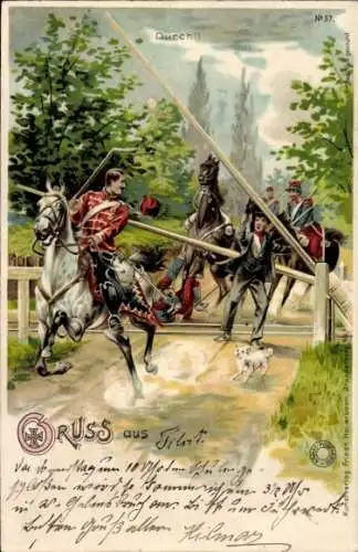 Litho Durch, Eisenbahnschranke, Flüchtender Husar, Franzosen