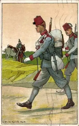 Künstler Ak Koch, L., Soldaten in Uniformen, Rüstung, Gewehr, Rucksack