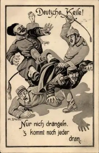Künstler Ak Deutsche Keile, nur nich drängeln, Franzose, Russe, Engländer, Belgier