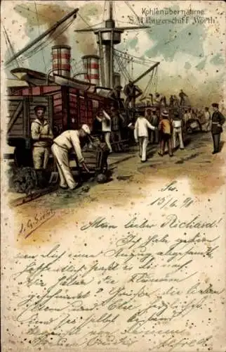 Künstler Litho Siehl, Deutsches Panzerschiff SM Wörth, Kaiserliche Marine, Kohlenübernahme