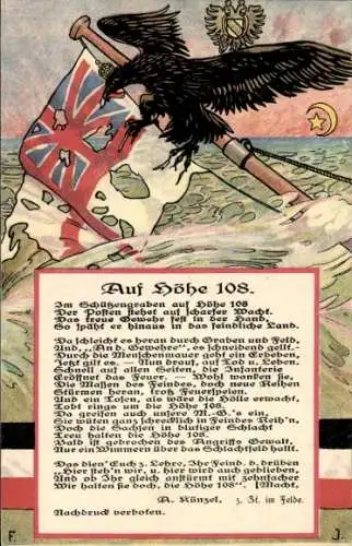 Gedicht Ak Künzel, A., Auf Höhe 108, Adler, Britische Fahne, Kuk Adler, Türkischer Sichelmond, I. WK