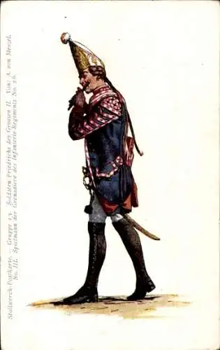 Künstler Ak Stollwerck Postkarte Gruppe 13 Nr 3, Soldaten Friedrichs des Großen, Spielmann,Grenadier