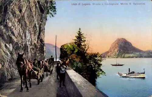 Ak Lugano Kanton Tessin Schweiz, Lago di  Monte S. Salvatore, Strasse mit Pferdewagen, malerische