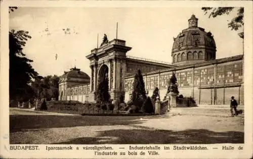 Ak Budapest Ungarn,  Industriehalle im Stadtwald, architektonische Details, Pflanzen