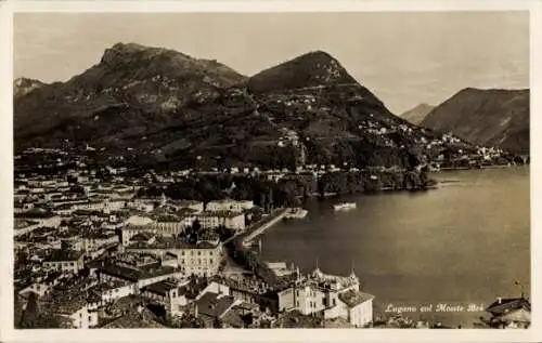 Ak Lugano Kanton Tessin Schweiz, Landschaft mit Monte Bri, Seeansicht, Stadt  schwarz-weiß Aufnah