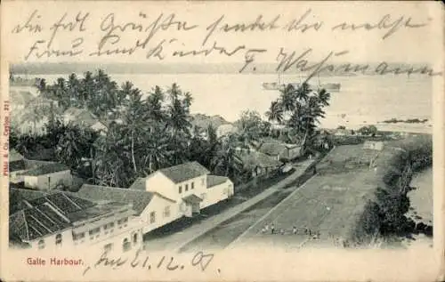 Ak Galle Ceylon Sri Lanka, Landschaft mit Palmen, Häusern, Hafen, Schiff im Hintergrund, sepia Fa