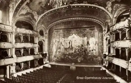 Ak Graz Steiermark, Blick auf das Graz Opernhaus, prunkvolle Architektur, große Bühne, Sitzplätze