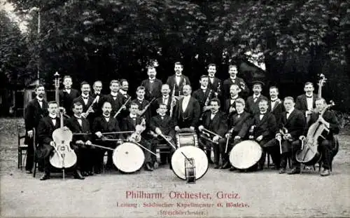 Ak Greiz im Vogtland Thüringen, Philharmonisches Orchester, Kapellmeister Hönicke, Musikergruppe,