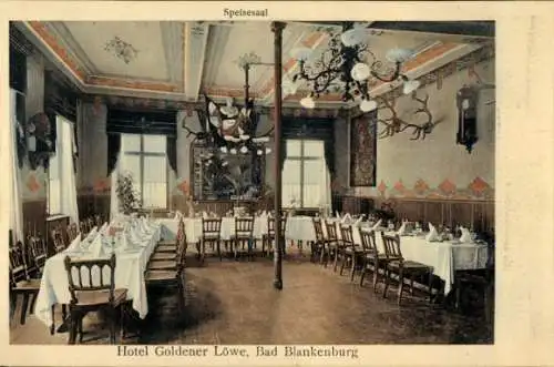 Ak Bad Blankenburg in Thüringen, Speisesaal, Hotel Goldener Löwe, Tischgedecke, Stühle, Behang
