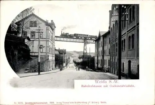 Ak Weida in Thüringen, Bahnhofstraße, Oschütztalviadukt,  Aufnahme, 1904