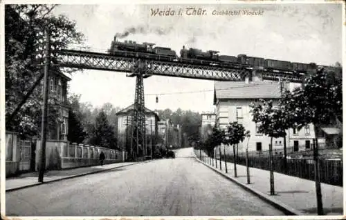 Ak Weida in Thüringen, Oschütztal Viadukt, Zug,  Architektur