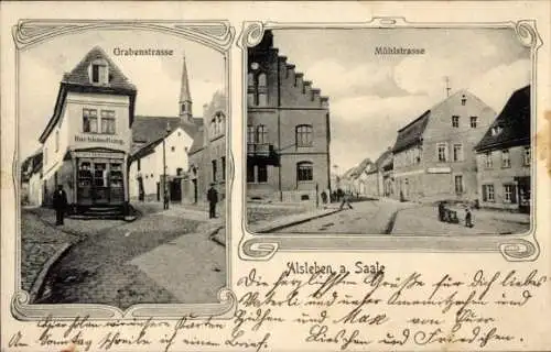 Ak Alsleben an der Saale,  Buchhandlung, Grabenstraße, Mühlstraße