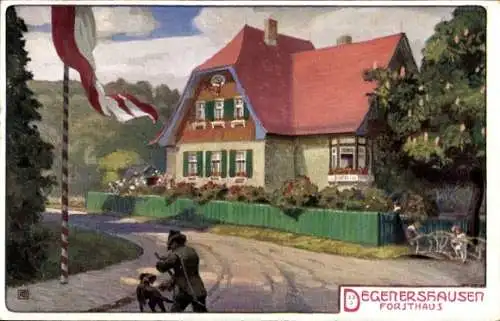 Künstler Ak Degenershausen Falkenstein Harz, Forsthaus, Jäger mit Jagdhund
